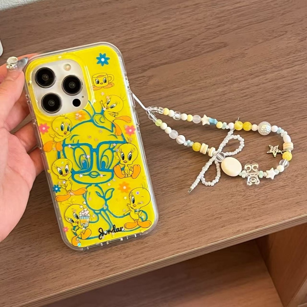 Yellow Cartoon Character Phone Case with Beaded Strap